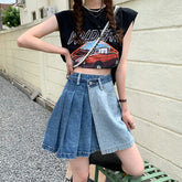 Streetwear Fashion Denim Contrast Color Patchwork A line Mini Skirt