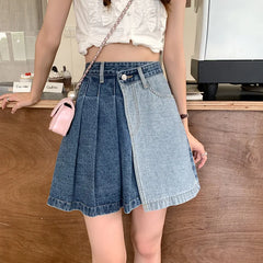 Streetwear Fashion Denim Contrast Color Patchwork A line Mini Skirt