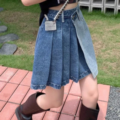 Streetwear Fashion Denim Contrast Color Patchwork A line Mini Skirt