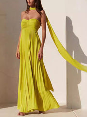 Lime Green One-Shoulder Pleated Maxi Dress