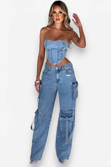 American low-waist pocket splicing jeans