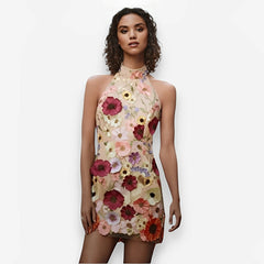 Embroidery three-dimensional flower slim dress