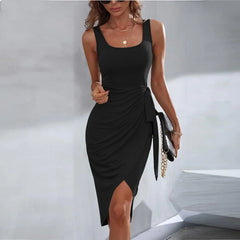 Irregular Strappy Vest Slit Square Neck Dress