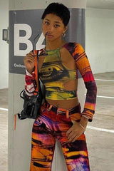 American print navel-cut long-sleeved T-shirt