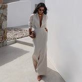 Beige Two-Piece Skirt Suit with Plunge Blouse