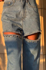 Blue Ripped Straight-Leg Jeans