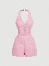 Halter Neck Buttoned Tweed Romper