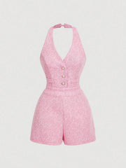 Halter Neck Buttoned Tweed Romper