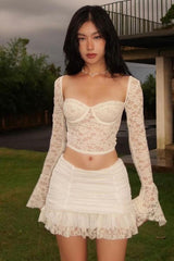 lace crop top gathered skirt two-piece set