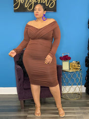 Off Shoulder Ruched Midi Dress