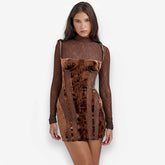 High-neck lace long-sleeved slim dress