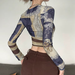 Off-shoulder long-sleeve printed drawstring navel-baring top