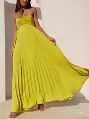 Lime Green One-Shoulder Pleated Maxi Dress