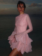 Buttoned Floral Bud Long Sleeve Slim Ruffle Dress