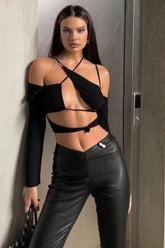 Hollow one-shoulder long-sleeved top