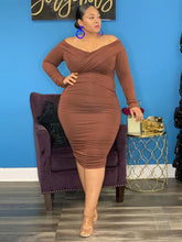 Off Shoulder Ruched Midi Dress