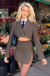 Jacket slit bag hip skirt plaid suit