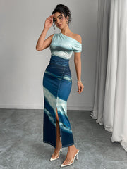 Elegant One-Shoulder Tie-Dye Maxi Dress with Side Slit