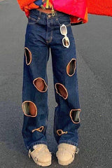 Casual low waist bag hip hole straight jeans