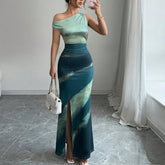 Elegant One-Shoulder Tie-Dye Maxi Dress with Side Slit