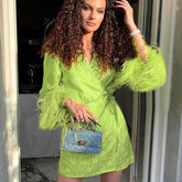 Lace up Fur Sleeves V neck Dress