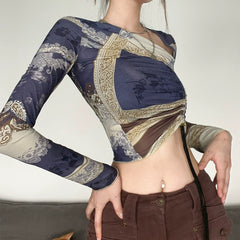 Off-shoulder long-sleeve printed drawstring navel-baring top