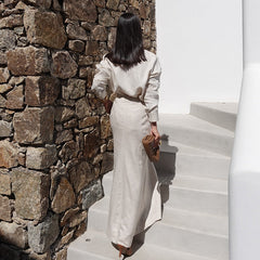 Beige Two-Piece Skirt Suit with Plunge Blouse
