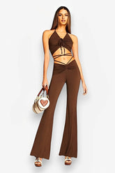 Lace-up crop top & pleated pants two-piece set