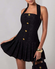 Gold Buckle Halter Neck Braided Pleated Dress