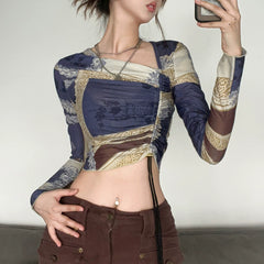 Off-shoulder long-sleeve printed drawstring navel-baring top