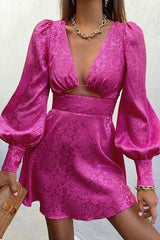 hollow jacquard lantern sleeve dress