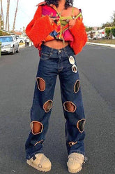 Casual low waist bag hip hole straight jeans