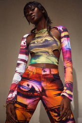 American print navel-cut long-sleeved T-shirt