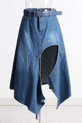 High waist stitching irregular denim skirt