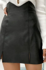 hip split bust PU leather skirt
