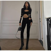 Hollow out navel long-sleeved slim jumpsuit