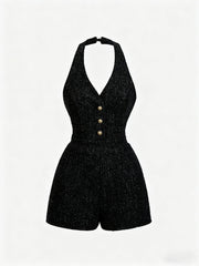 Halter Neck Buttoned Tweed Romper