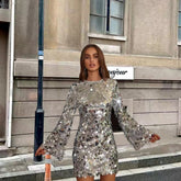 Sexy Patchwork Sequins Frenulum Backless Square Collar Long Sleeve Dresses