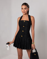 Gold Buckle Halter Neck Braided Pleated Dress