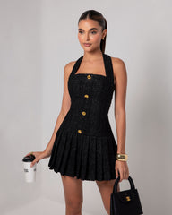 Gold Buckle Halter Neck Braided Pleated Dress