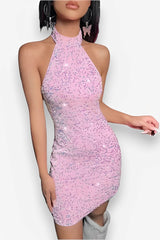 Halter Neck Backless Glitter Mini Dress