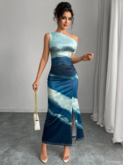 Elegant One-Shoulder Tie-Dye Maxi Dress with Side Slit