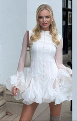 Buttoned Floral Bud Long Sleeve Slim Ruffle Dress