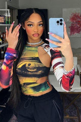 American print navel-cut long-sleeved T-shirt