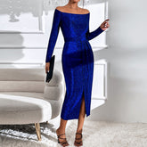 Sequins Off Shoulder Slit Dress