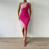 One-Shoulder Strappy Ribbed Contrast Tight-Fitting Dress