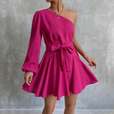 Slanted Shoulders Single Sleeves Dress