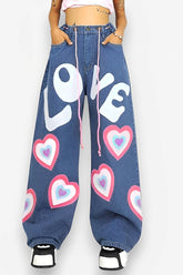 Graffiti printed floor-length wide-leg jeans