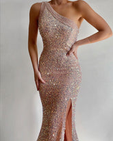 Slanted Shoulder Sequined Dress