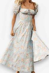 French Floral Printed Backless Long Dress